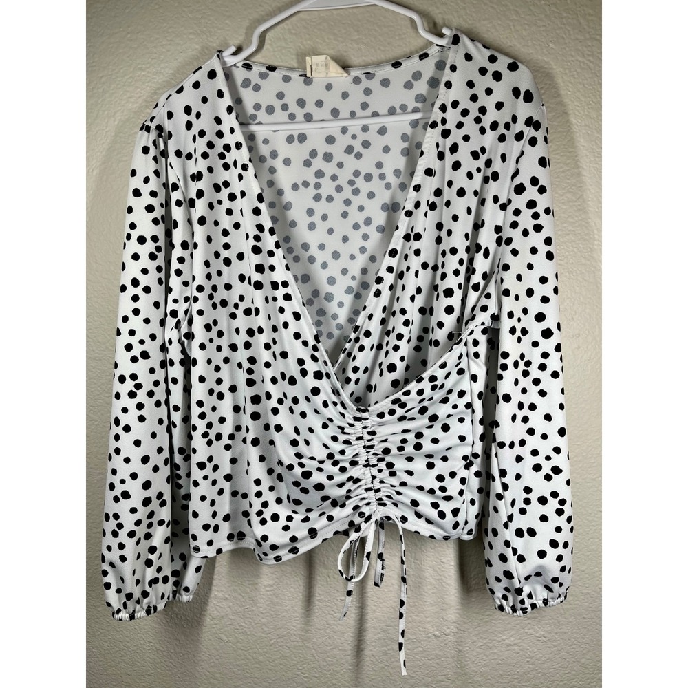 Ember Womens XL Black White Polka Dot Ruched top Long Sleeve V Neck